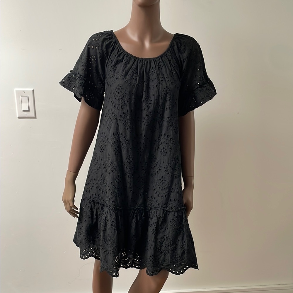 Valentina Naldi Embroidered Eyelet Mini Dress Shortsleeve Cotton Black Small S